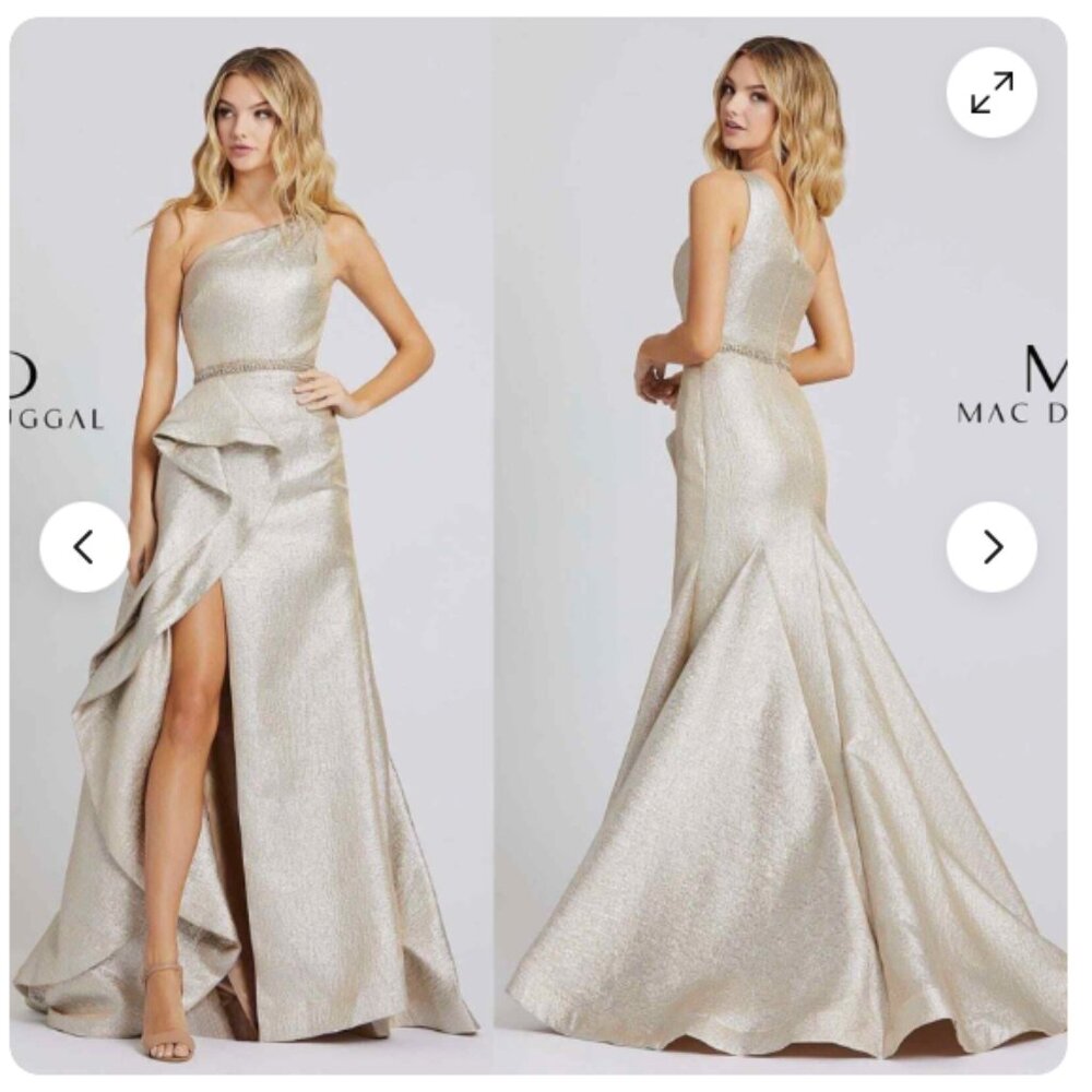 MAC DUGGAL 66975 ONE SHOULDER METALLIC RUFFLE OYSTER THIGH SLIT GOWN sz 8